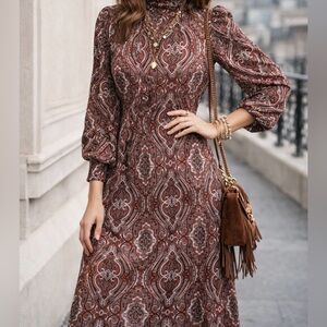 Vintage Paisley Midi Dress Mock Neck Long Sleeve | Medium